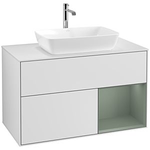 Villeroy und Boch Finion Waschtischunterschrank F781GMMT 100cm, Abdeckplatte white matt, Regale Olive matt lacquer, White matt lacquer