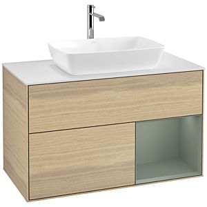Villeroy und Boch Finion Waschtischunterschrank F781GMPC 100cm, Abdeckplatte white matt, Regale Olive matt lacquer, Oak Veneer