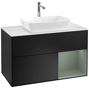 Villeroy und Boch Finion Waschtischunterschrank F781GMPD 100cm, Abdeckplatte white matt, Regale Olive matt lacquer, Black matt lacquer