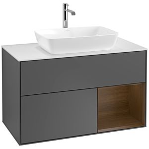 Villeroy und Boch Finion Waschtischunterschrank F781GNGK 100cm, Abdeckplatte white matt, Regale Walnut Veneer, Anthracite matt