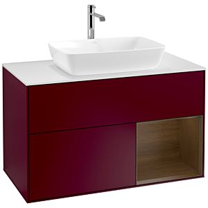 Villeroy und Boch Finion Waschtischunterschrank F781GNHB 100cm, Abdeckplatte white matt, Regale Walnut Veneer, Peony Matt