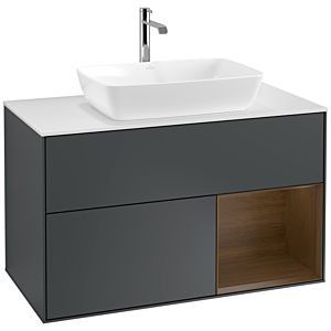 Villeroy und Boch Finion Waschtischunterschrank F781GNHG 100cm, Abdeckplatte white matt, Regale Walnut Veneer, Midnight Blue Matt Lacquer