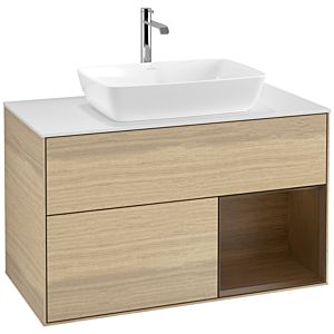 Villeroy und Boch Finion Waschtischunterschrank F781GNPC 100cm, Abdeckplatte white matt, Regale Walnut Veneer, Oak Veneer