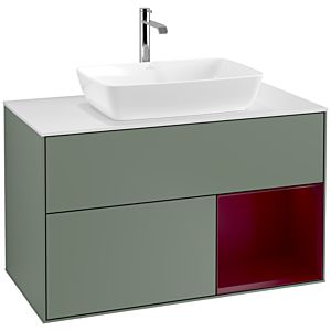 Villeroy und Boch Finion Waschtischunterschrank F781HBGM 100cm, Abdeckplatte white matt, Regale Peony matt lacquer, Olive Matt Lacquer