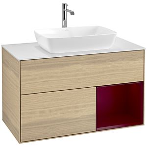 Villeroy und Boch Finion Waschtischunterschrank F781HBPC 100cm, Abdeckplatte white matt, Regale Peony matt lacquer, Oak Veneer