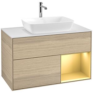 Villeroy et Boch Finion Villeroy et Boch F781HFPC 100cm, plaque de finition blanc mat, étagères laqué or mat, Oak Veneer