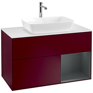 Villeroy und Boch Finion Waschtischunterschrank F781HGHB 100cm, Abdeckplatte white matt, Regale Midnight matt lacquer, Peony Matt
