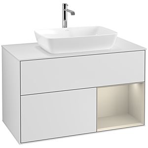 Villeroy und Boch Finion Waschtischunterschrank F781HHMT 100cm, Abdeckplatte white matt, Regale sand matt lacquer, White matt lacquer
