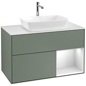 Villeroy und Boch Finion Waschtischunterschrank F781MTGM 100cm, Abdeckplatte white matt, Regale White matt lacquer, Olive Matt Lacquer
