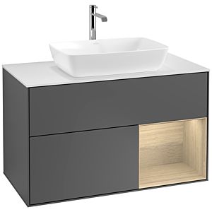 Villeroy und Boch Finion Waschtischunterschrank F781PCGK 100cm, Abdeckplatte white matt, Regale Oak Veneer, Anthracite matt
