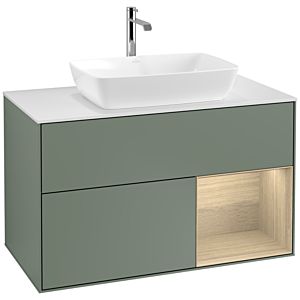 Villeroy und Boch Finion Waschtischunterschrank F781PCGM 100cm, Abdeckplatte white matt, Regale Oak Veneer, Olive Matt Lacquer
