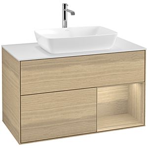 Villeroy und Boch Finion Waschtischunterschrank F781PCPC 100cm, Abdeckplatte white matt, Regale Oak Veneer, Oak Veneer