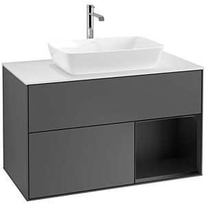 Villeroy und Boch Finion Waschtischunterschrank F781PDGK 100cm, Abdeckplatte white matt, Regale Black matt lacquer, Anthracite matt