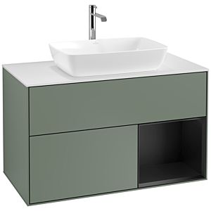 Villeroy et Boch Finion Villeroy et Boch F781PDGM 100cm, plaque de recouvrement blanc mat, étagères laqué noir mat, Olive Matt Lacquer