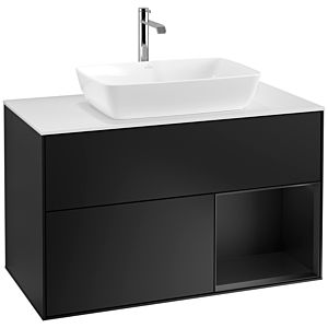 Villeroy et Boch Finion Villeroy et Boch F781PDPD 100cm, plaque de recouvrement blanc mat, étagères laqué noir mat, laqué noir mat