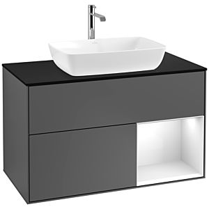 Villeroy und Boch Finion Waschtischunterschrank F782GFGK 100cm, Abdeckplatte black matt, Regale Glossy white lacquer, Anthracite matt
