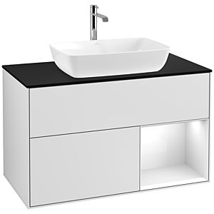 Villeroy und Boch Finion Waschtischunterschrank F782GFMT 100cm, Abdeckplatte black matt, Regale Glossy white lacquer, White matt lacquer