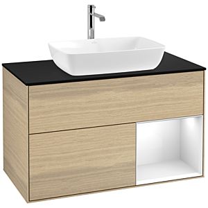 Villeroy und Boch Finion Waschtischunterschrank F782GFPC 100cm, Abdeckplatte black matt, Regale Glossy white lacquer, Oak Veneer