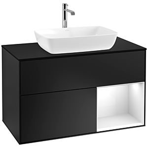Villeroy et Boch Finion Villeroy et Boch F782GFPD 100cm, plaque de recouvrement noir mat, étagères Laque blanche brillante, laque noire mate