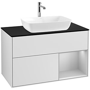 Villeroy und Boch Finion Waschtischunterschrank F782GJMT 100cm, Abdeckplatte black matt, Regale Light grey matt lacquer, White matt lacquer