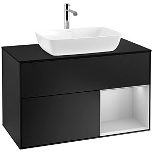 Villeroy und Boch Finion Waschtischunterschrank F782GJPD 100cm, Abdeckplatte black matt, Regale Light grey matt lacquer, Black matt lacquer