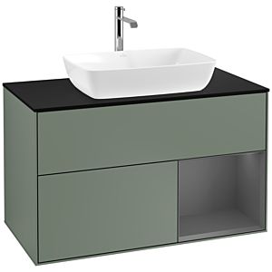 Villeroy und Boch Finion Waschtischunterschrank F782GKGM 100cm, Abdeckplatte black matt, Regale Anthracite matt lacquer, Olive Matt Lacquer