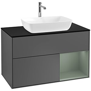 Villeroy und Boch Finion Waschtischunterschrank F782GMGK 100cm, Abdeckplatte black matt, Regale Olive matt lacquer, Anthracite matt