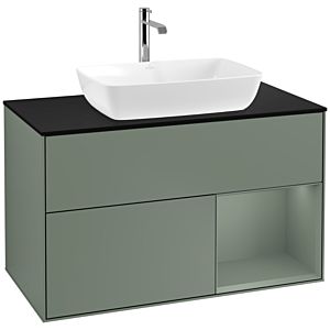 Villeroy und Boch Finion Waschtischunterschrank F782GMGM 100cm, Abdeckplatte black matt, Regale Olive matt lacquer, Olive Matt Lacquer