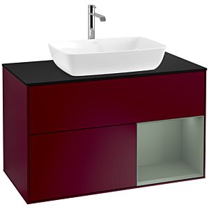 Villeroy und Boch Finion Waschtischunterschrank F782GMHB 100cm, Abdeckplatte black matt, Regale Olive matt lacquer, Peony Matt