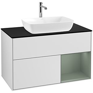Villeroy und Boch Finion Waschtischunterschrank F782GMMT 100cm, Abdeckplatte black matt, Regale Olive matt lacquer, White matt lacquer