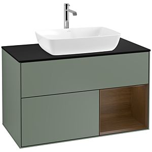 Villeroy und Boch Finion Waschtischunterschrank F782GNGM 100cm, Abdeckplatte black matt, Regale Walnut Veneer, Olive Matt Lacquer