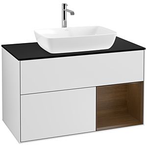 Villeroy und Boch Finion Waschtischunterschrank F782GNMT 100cm, Abdeckplatte black matt, Regale Walnut Veneer, White matt lacquer