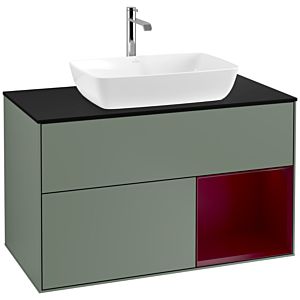 Villeroy et Boch Finion Villeroy et Boch F782HBGM 100cm, plaque de recouvrement noir mat, étagères Peony laqué mat, Olive Matt Lacquer