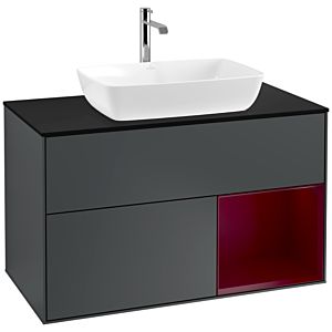 Villeroy und Boch Finion Waschtischunterschrank F782HBHG 100cm, Abdeckplatte black matt, Regale Peony matt lacquer, Midnight Blue Matt Lacquer