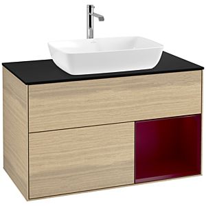 Villeroy et Boch Finion Villeroy et Boch F782HBPC 100cm, plaque de recouvrement noire mate, étagères en laque matte Peony , Oak Veneer