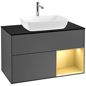 Villeroy und Boch Finion Waschtischunterschrank F782HFGK 100cm, Abdeckplatte black matt, Regale Gold matt lacquer, Anthracite matt