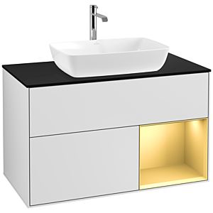 Villeroy und Boch Finion Waschtischunterschrank F782HFMT 100cm, Abdeckplatte black matt, Regale Gold matt lacquer, White matt lacquer