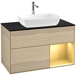 Villeroy und Boch Finion Waschtischunterschrank F782HFPC 100cm, Abdeckplatte black matt, Regale Gold matt lacquer, Oak Veneer