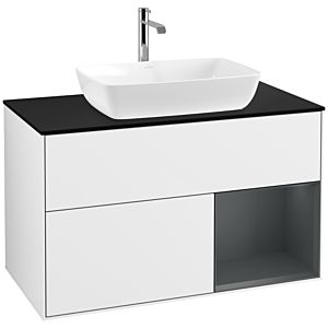 Villeroy und Boch Finion Waschtischunterschrank F782HGGF 100cm, Abdeckplatte black matt, Regale Midnight matt lacquer, Glossy white lacquer