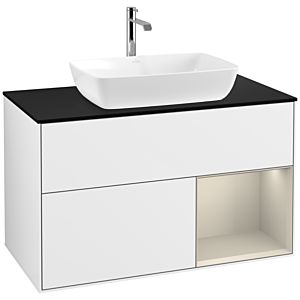 Villeroy und Boch Finion Waschtischunterschrank F782HHGF 100cm, Abdeckplatte black matt, Regale sand matt lacquer, Glossy white lacquer