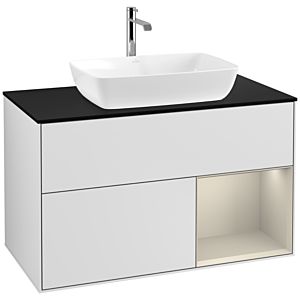 Villeroy und Boch Finion Waschtischunterschrank F782HHMT 100cm, Abdeckplatte black matt, Regale sand matt lacquer, White matt lacquer