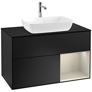 Villeroy und Boch Finion Waschtischunterschrank F782HHPD 100cm, Abdeckplatte black matt, Regale sand matt lacquer, Black matt lacquer