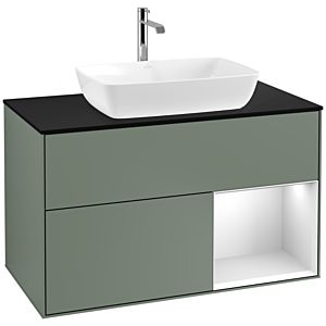 Villeroy et Boch Finion Villeroy et Boch F782MTGM 100cm, plaque de recouvrement noir mat, étagères laqué blanc mat, Olive Matt Lacquer
