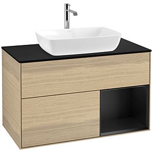 Villeroy und Boch Finion Waschtischunterschrank F782PDPC 100cm, Abdeckplatte black matt, Regale Black matt lacquer, Oak Veneer