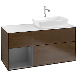 Villeroy und Boch Finion Waschtischunterschrank F801GKGN 120cm, Abdeckplatte white matt, Regale Anthracite matt lacquer, Walnut veneer
