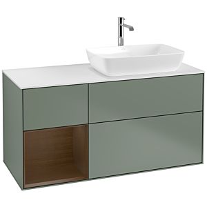 Villeroy und Boch Finion Waschtischunterschrank F801GNGM 120cm, Abdeckplatte white matt, Regale Walnut Veneer, Olive Matt Lacquer