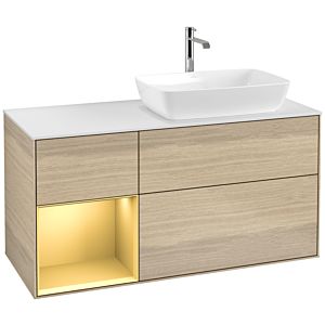 Villeroy und Boch Finion Waschtischunterschrank F801HFPC 120cm, Abdeckplatte white matt, Regale Gold matt lacquer, Oak Veneer