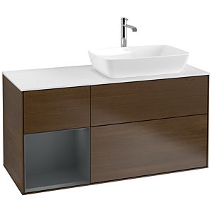 Villeroy und Boch Finion Waschtischunterschrank F801HGGN 120cm, Abdeckplatte white matt, Regale Midnight matt lacquer, Walnut veneer