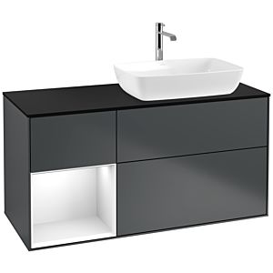 Villeroy und Boch Finion Waschtischunterschrank F802GFHG 120cm, Abdeckplatte black matt, Regale Glossy white lacquer, Midnight Blue Matt Lacquer