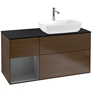 Villeroy und Boch Finion Waschtischunterschrank F802GKGN 120cm, Abdeckplatte black matt, Regale Anthracite matt lacquer, Walnut veneer
